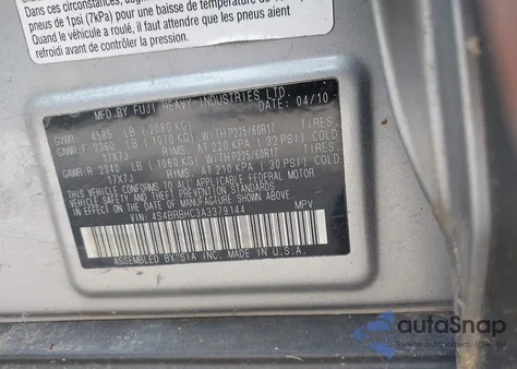 2010 Subaru Outback 2.5I Premium z USA, uszkodzony, nr VIN 4S4BRBHC3A3379144